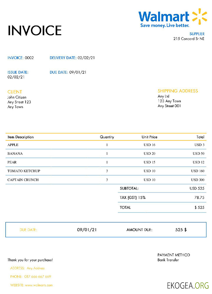 Modèle de facture Walmart aux États , Unis